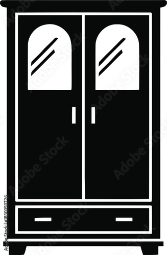 Black silhouette of a wooden wardrobe with two doors and one drawer on a transparent background