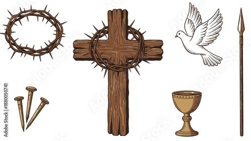 Wooden Cross with Crown of Thorns and Religious Symbols dove spear 1