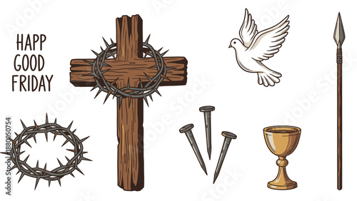 Wooden cross with crown of thorns and religious symbols dove spear