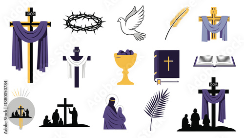 Christian religious symbols and with crosses, books, and people in silhouette religion