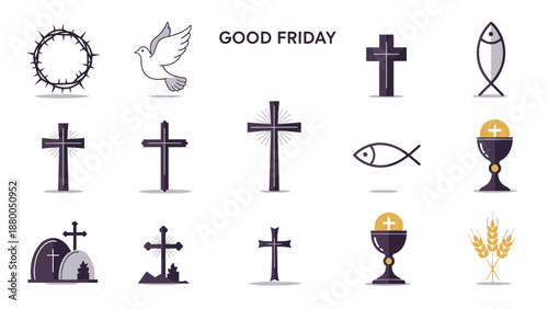 Good Friday religious symbols and on white background cross fish