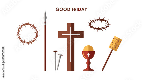 Good Friday religious symbols with cross crown of thorns spear nails chalice and sponge
