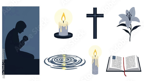 Silhouette person praying with religious symbols and candles