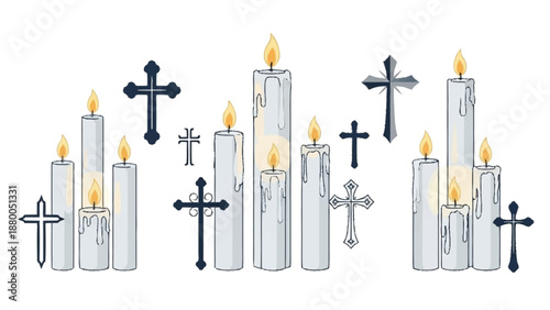 White and gray candles with various crosses religious