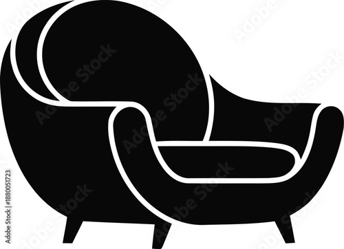 Modern black silhouette of comfortable rounded armchair isolated on transparent background for interior design