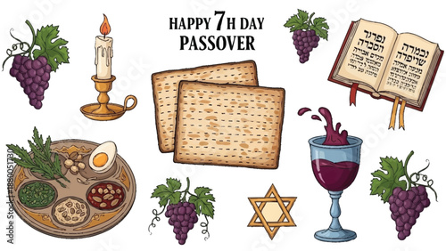 Happy 7th Day Passover Celebration with Traditional Symbols and Jewish holiday matzah