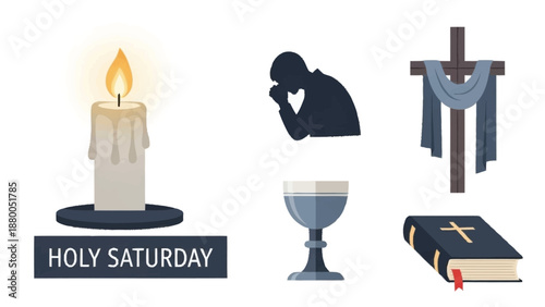 Holy Saturday religious symbols with candle cross and book prayer