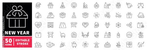 New year icons set. editable line icons, outline, celebration, festival symbols