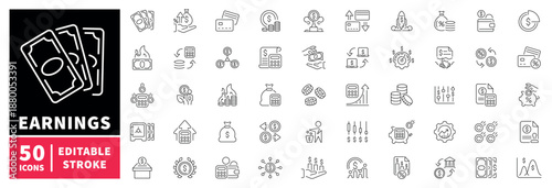 Finance and earnings icons set. editable line icons, outline, money and economy symbols