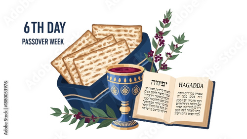 Matzo bread, blue cup, and open book with Hebrew text on the 6th day of Passover week