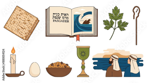 Passover Seder and symbols with matzah, book, candle, egg, and wine