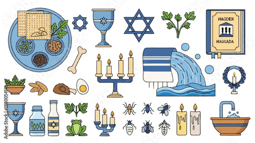 Passover Seder and symbols illustrated in blue and white Jewish Passover plate