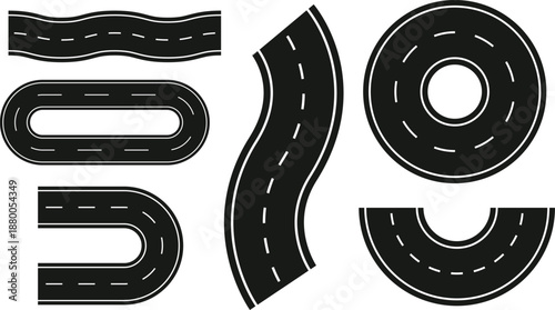 Collection of various black road segments with white dashed lines, illustrating different shapes and curves for design elements.