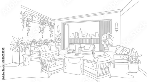 Elegant line art drawing of a contemporary rooftop terrace furnished with comfortable outdoor seating arrangement overlooking a distant city skyline ideal for relaxation and entertaining guests