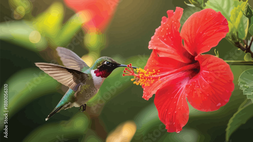 Tiny iridescent hummingbird hovers in midair its long slender beak delicately reaching deep inside the vibrant scarlet hibiscus flower petals to sip sweet nectar during a sunny garden morning display.
