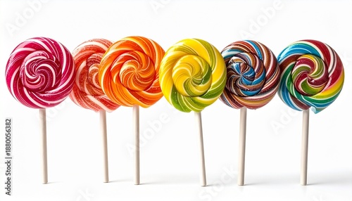 Six colorful swirled lollipops in a row on white background, each with unique vibrant patterns.