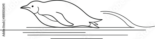 Simple black and white line art illustration depicting a swift penguin launching itself out of the water surface in a dynamic horizontal motion capturing speed and aquatic agility clearly.