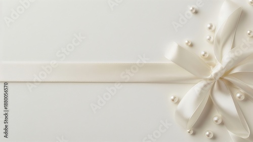 A wedding invitation lays flat featuring a ribbon and pearl embellishments, ready for distribution to guests for an upcoming wedding