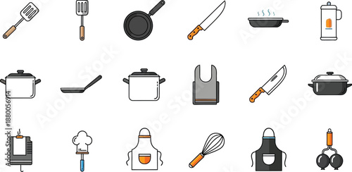Collection of minimalist flat design kitchen utensil icons featuring various pots pans knives spatulas whisks aprons and essential cooking tools for food preparation graphics