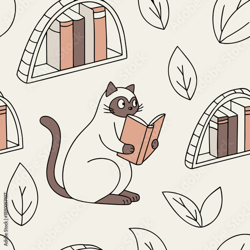 Cat reading a book in a library setting with bookshelves and leaves in the background during daylight Generative AI