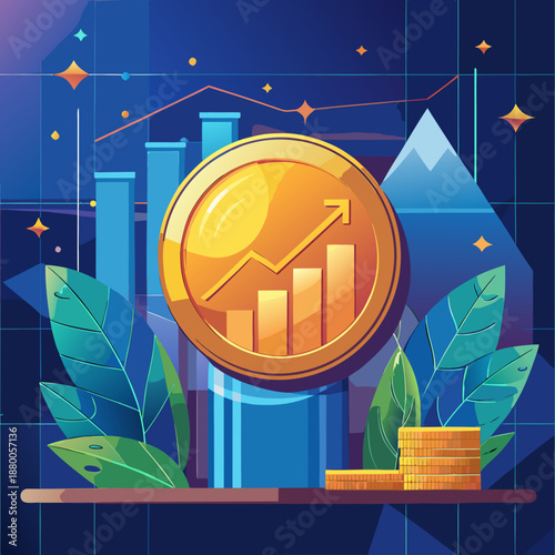 Growth in finance with graphs, coins, and plants representing investment success and financial progress in modern design Generative AI