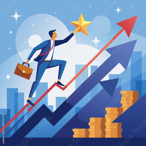 Businessman climbs graph while holding a star representing success in a growing city with buildings during daytime Generative AI