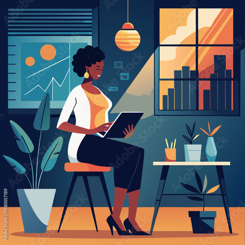 Woman working on tablet in home office with plants and city view at dusk Generative AI