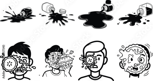 Black and white cartoon of people getting hit in the face with food and liquids