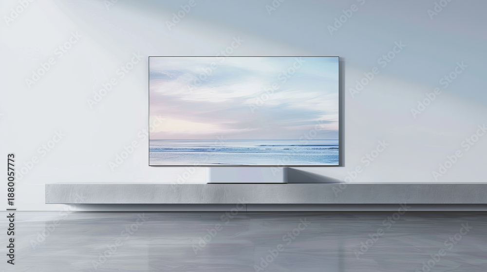 Fototapeta premium A projector sits on a shelf, showing a plain view of the sea on a blank wall in a well-lit room during the day