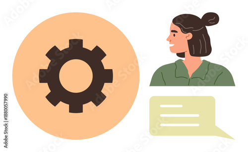 Communication, technology integration, teamwork, workflow automation, problem-solving, user interaction. Woman looking sideways at a speech bubble and gear icon. Communication and technology