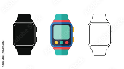 Collection of three digital smartwatch icons showing outline flat solid and color styles