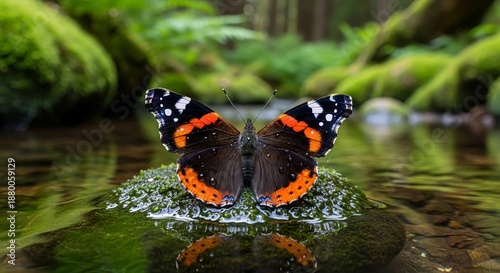 Butterfly with black orange wings resting on water surface surrounded by lush greenery in forest landscape viewed from straight above