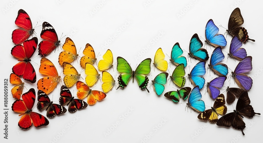 Fototapeta premium Vibrant multicolored butterflies arranged in a rainbow gradient, showcasing diverse species, wings, and colors in a visually striking display