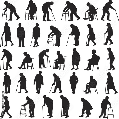 Elderly people silhouettes set showing senior mobility aging process walking aids wheelchairs daily life activities flat vector icons
