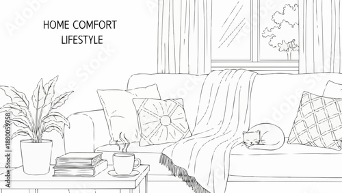 Cozy Living Room Scene with Sleeping Cat and Potted Plant.