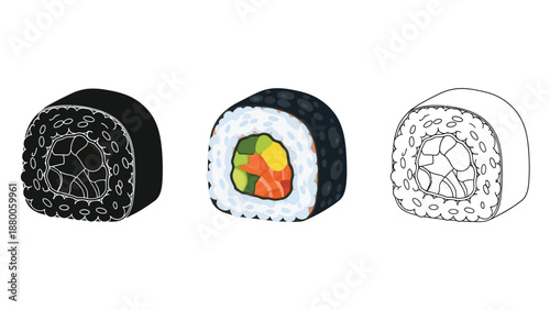 Collection of three sushi maki rolls displaying color vector silhouette and outline styles separately