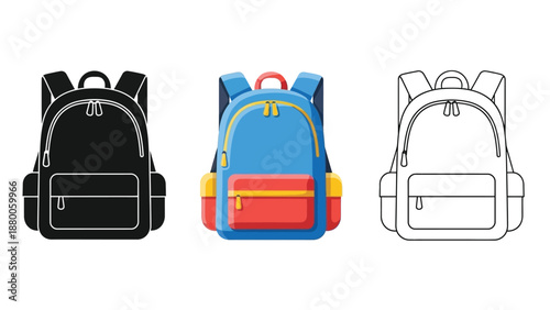 Collection of three distinct school backpack icons in solid color outline and filled styles