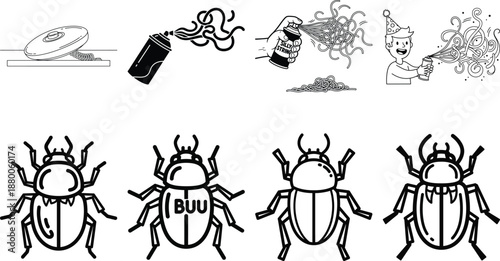 Black and white of bugs and party insects beetles celebration