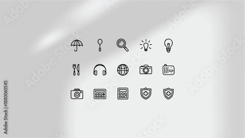 Collection of various modern line icons on gray background