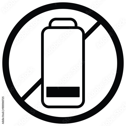 Clean graphic symbol of a battery with low power level inside a prohibition circle for representing no power or energy related concepts