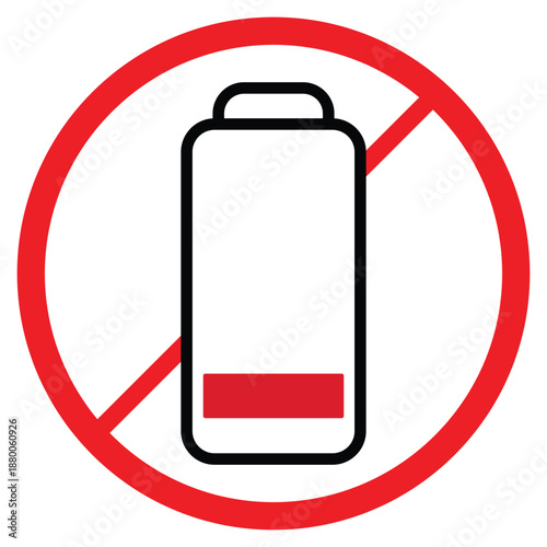 Symbolic representation of a depleted battery with a prohibition sign indicating no power or charging prohibited