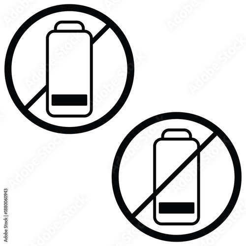 Two clear simple graphic icons showing a battery with a low power indicator inside a prohibition circle