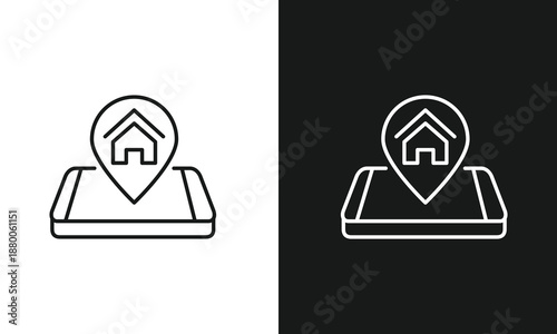 Real Estate Mobile App Icon with Smart Phone and House Location Pin Pointer for Online Property Search, Neighborhood Navigation, and Digital Home Rental Services