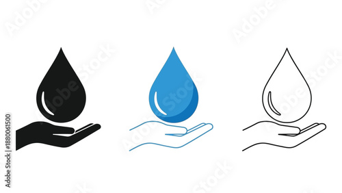 Collection of three distinct visual styles depicting a single water droplet resting gently within an open cupped hand