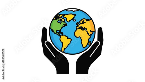 Stylized icon representing hands gently cradling the colorful globe symbolizing environmental protection awareness