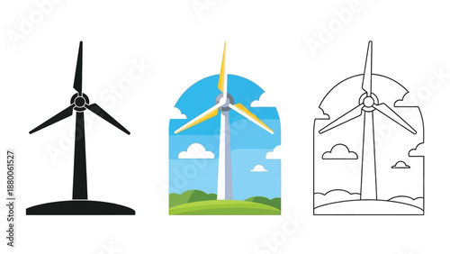 Collection of three distinct vector illustrations representing modern wind turbines for renewable energy generation