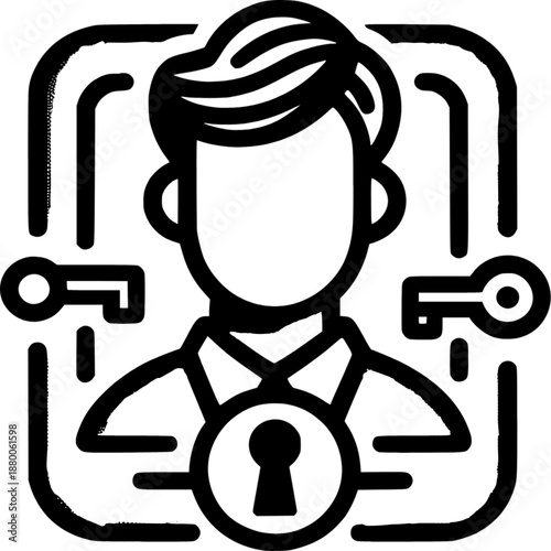 Data Security and Key Icon: A symbolic illustration depicts a person as the center of protection, surrounded by the key, and lock, symbolizing data security and personal access