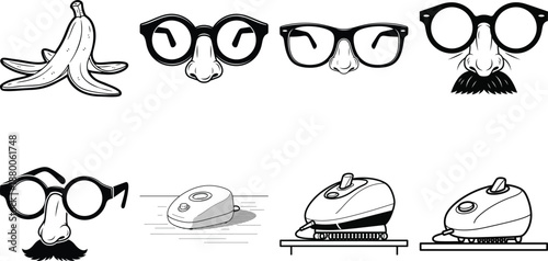 Black and white of glasses with noses and mustaches and irons and a banana