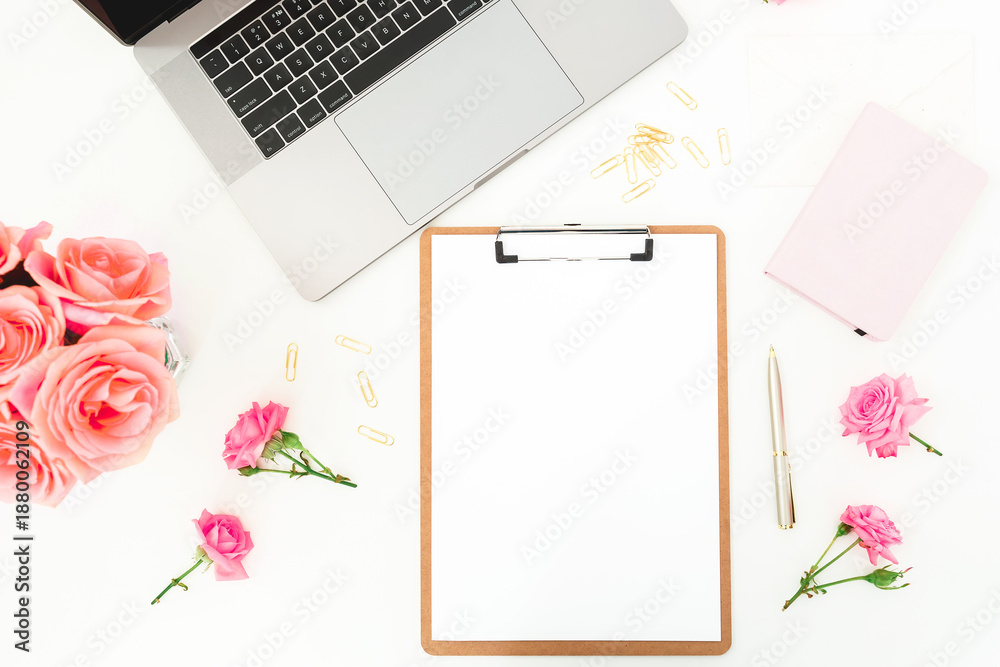 custom made wallpaper toronto digitalFeminine workspace with laptop, clipboard and roses on white desk, creative home office flat lay