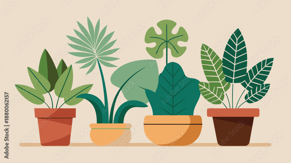 Fototapeta premium A collection of colorful potted plants and foliage on a beige background for indoor gardening and decoration